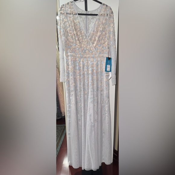 Embellished wrap over illusion long sleeve gown - Picture 5 of 9